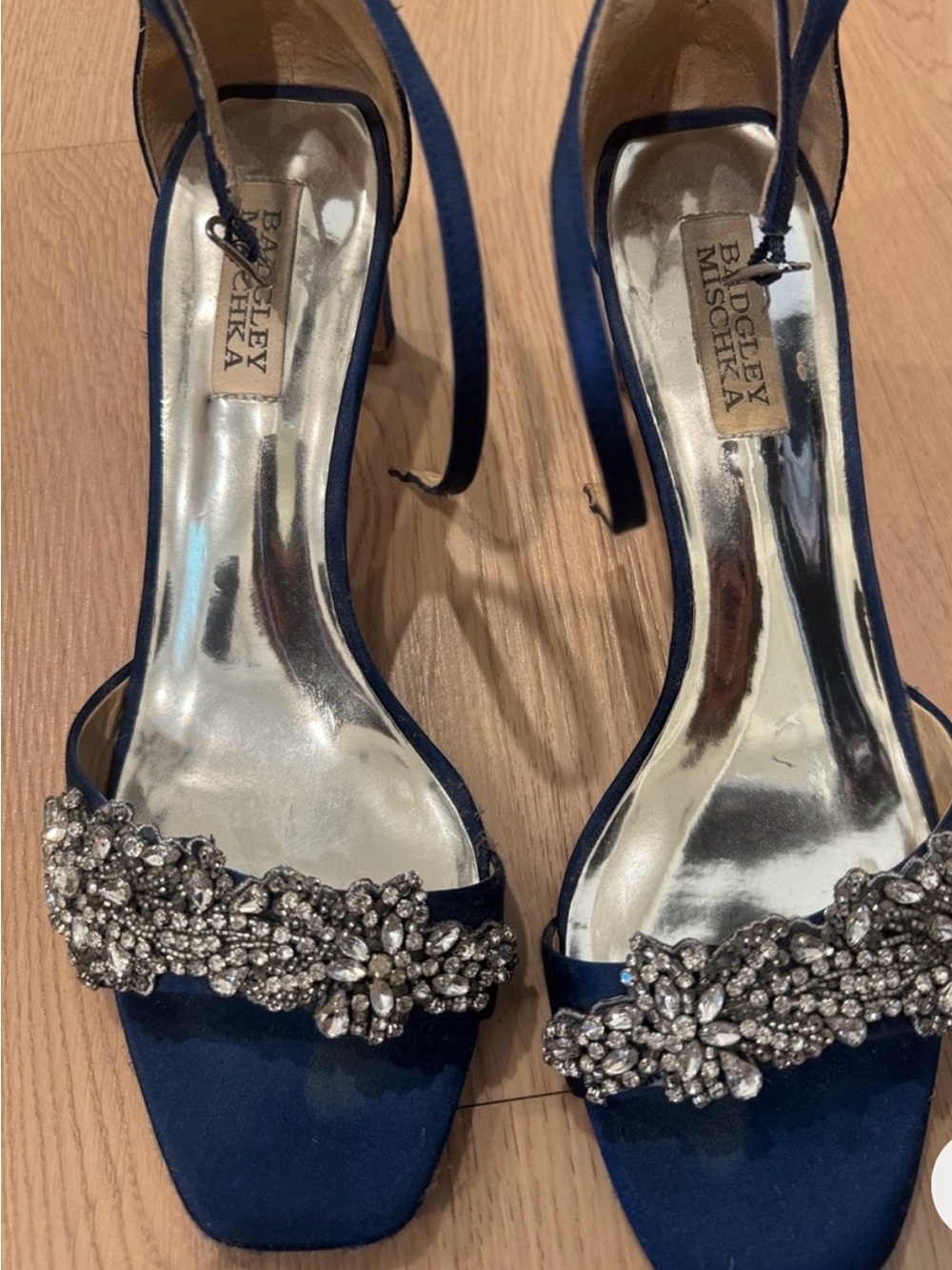 Badgley Mischka Navy Satin Crystal-Embellished Open-Toe Heels